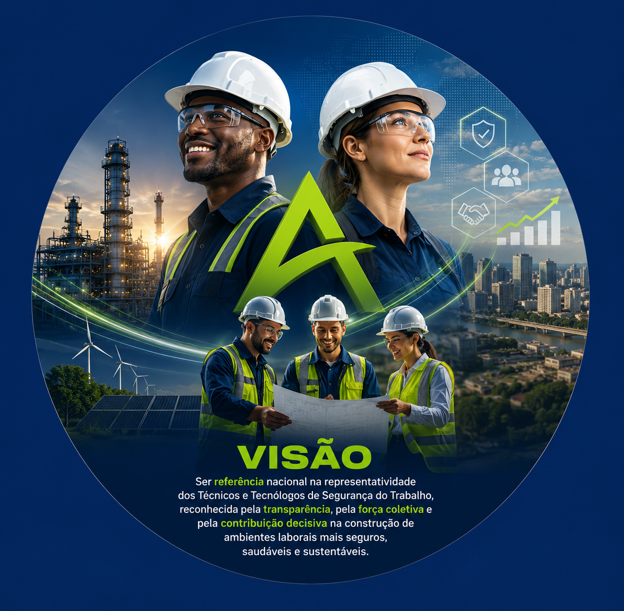 Visão da ASSOTEC: ser referência nacional na representatividade dos Técnicos e Tecnólogos de Segurança do Trabalho, reconhecida pela transparência, força coletiva e contribuição para ambientes mais seguros, saudáveis e sustentáveis
